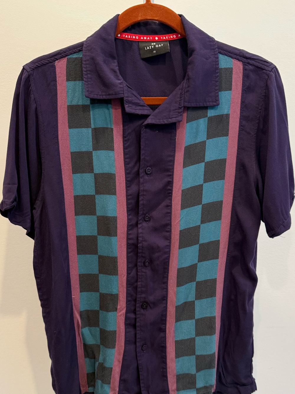 Lazy Oaf Purple Short-Sleeve Button-Down Purple Checker Panels Shirt Size XS